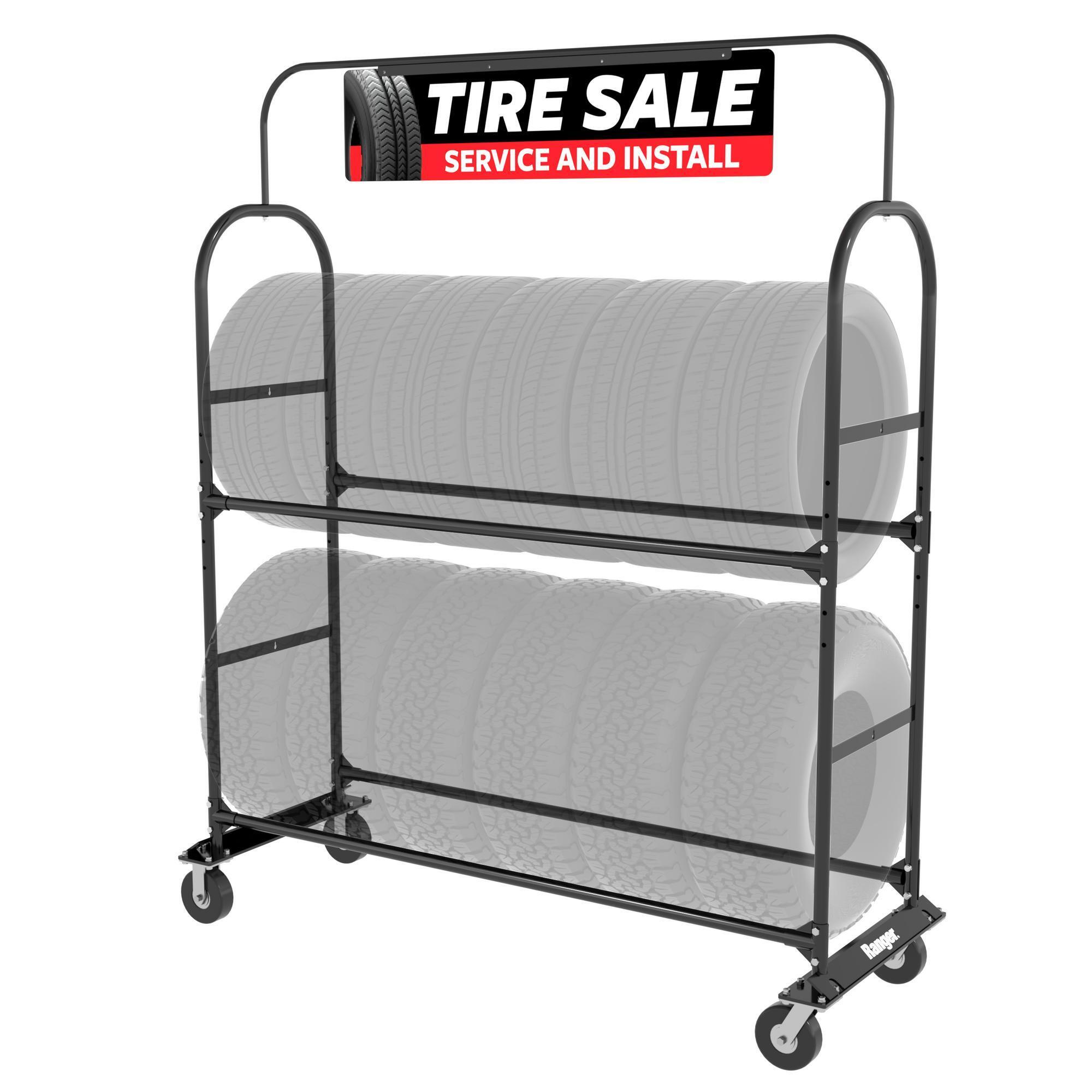 Ranger Mobile Tire Display Rack — 2 Tier, Heavy-Duty, Adjustable, Powder Coat Finish, 1250-Lb. Capacity, Sign Holder, Model# 5216274